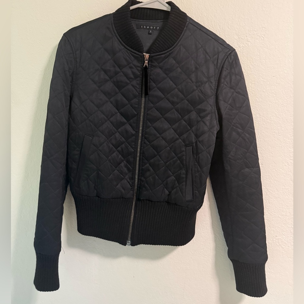 Theory Black Quilted Bomber Jacket Rib Trim Size S